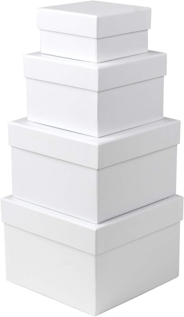 Square Gift Boxes with Lids Set of 4 White Gift Box Assorted Sizes Nesting Gift Boxes for Presents Birthday Bridesmaid Wedding Valentines Christmas Party Favor Boxes (4 Piece Assortment, Color #02)