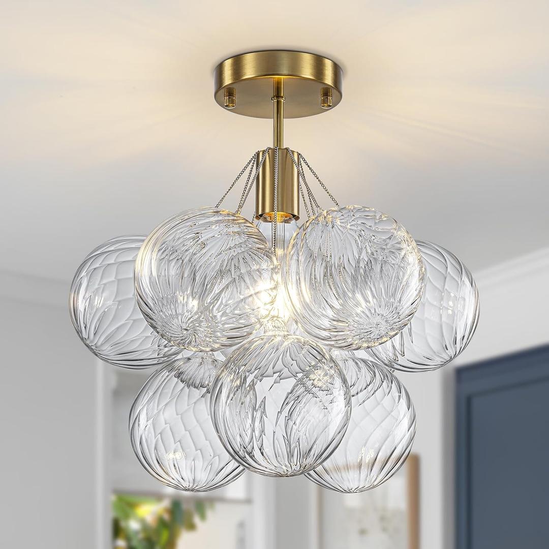 Semi Flush Mount Chandelier Gold-Special Bubble Flush Mount Ceiling Light 14.17" Modern Mid Century Ceiling Light Fixtures With 9 Clear Swirled Glass Ball for Bedroom Foyer kitchen, Include E26 Blub, 14.96 in L