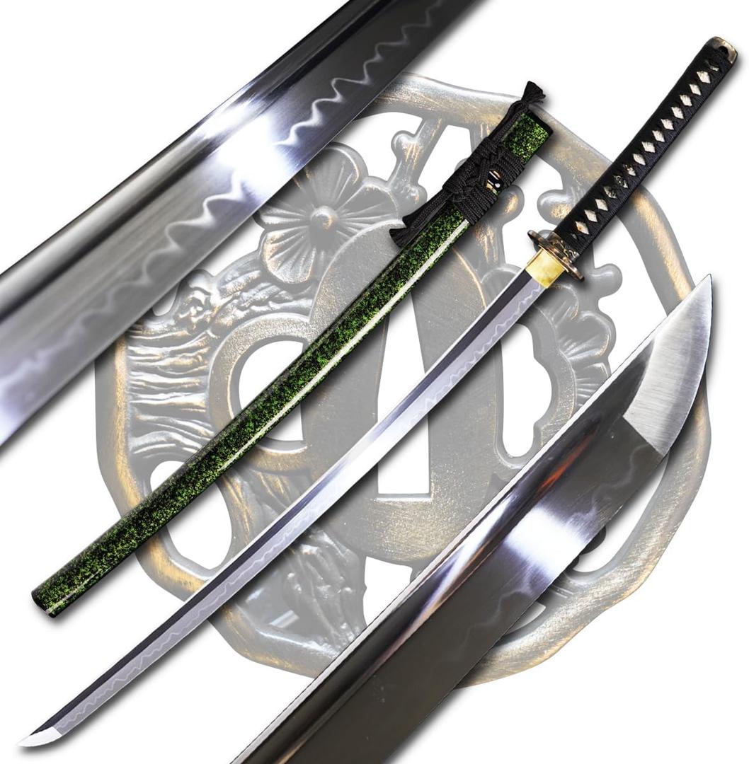 ShadowDancer Handmade Full Tang Katana Sword - Authentic T10/1095 Steel Blade with Real Hamon, Not L6 Clay Temper, and Sharp Edge - Perfect for Iaido, Martial Arts Practitioners (Gold Green) ShadowDancer Handmade Full Tang Katana Sword - Authentic T10/1095 Steel Blade with Real Hamon, Not L6 Clay Temper, and Sharp Edge - Perfect for Iaido, Martial Arts Practitioners (Gold Green)