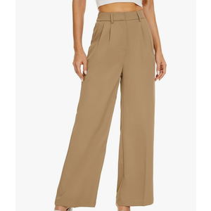 Women Office Wide High Waist Pants Loose Fit Elastic Waist Pleated Front Trousers for Work Casual, Size Small