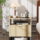 Fluted Night Stand with Charging Station, Wood Nightstand with Large Drawer and Open Storage Cabinet, Mid-Century Modern Bedside Table End Table for Bedroom Closet Office