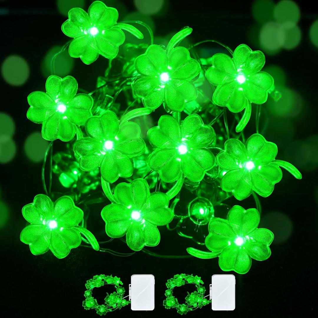 Aogist St. Patrick 's Day Clover String Lights, 2 Pack 16 ft 50 LED Green Shamrock Fairy Light for Saint Patricks Day Decor, Lucky Irish Decals Party Ornaments, Irish Party Supplies
