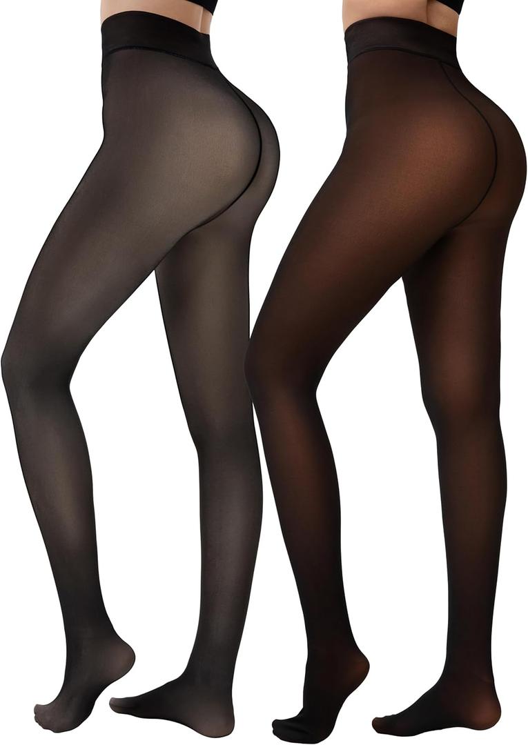 HONGTEYA 2 Pairs Fleece Lined Tights Women - Warm Sheer Pantyhose Fake Translucent Tights Winter Thermal Leggings (X-Small, Translucent Brown+Translucent Black)