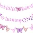 Our Little Butterfly is Turning One Banner Pink Glitter Butterfly 1st Birthday Banner for Spring Butterfly Girls One Year Old Birthday Baby Shower Party Supplies Decorations
