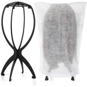 2 x 2 Pack Wig Stand with 2 Pcs Wig Dust Bags, Wig Holder Hat Display with Wig Bag for Women Multiple Wigs - Wig Party Kit for Salon Home Travel Use (White)