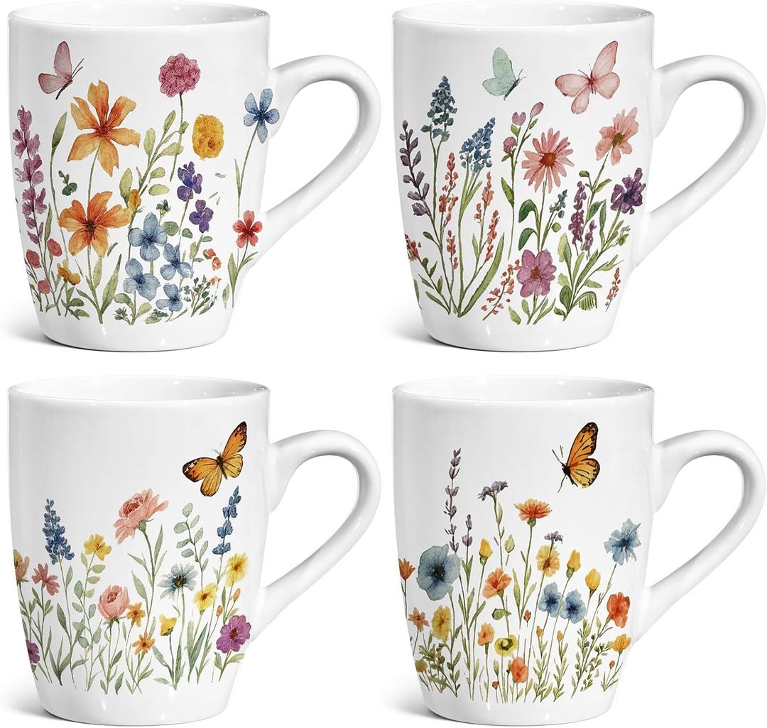 Potchen 4 Pcs Spring Wildflower Coffee Cups 12oz Floral Mugs Set Ceramic Cups with Handle Wildflower Butterfly Printed Drinkware for Tea Spring Summer Gift for Women Family Friends Coffee Lover
