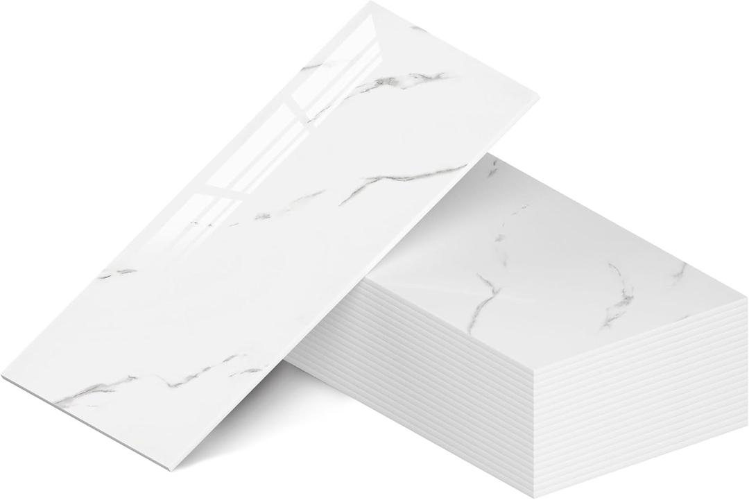 WADILE 23.6"x11.8" Waterproof Marble Peel and Stick Wall Panels Marble Tile PVC Backsplash Tiles for Kitchen, Bathroom, Living Room, Bedroom 20 Pack White