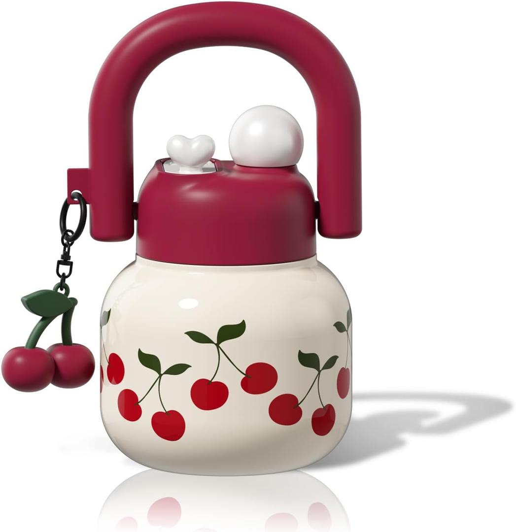 22 oz Tote Water Bottle with Straw and Carry Handle, Wide Mouth Vacuum Insulated Medical Grade Stainless Steel Tumbler, Travel Coffee Cup for Women Easy Carry, Cherry (White)