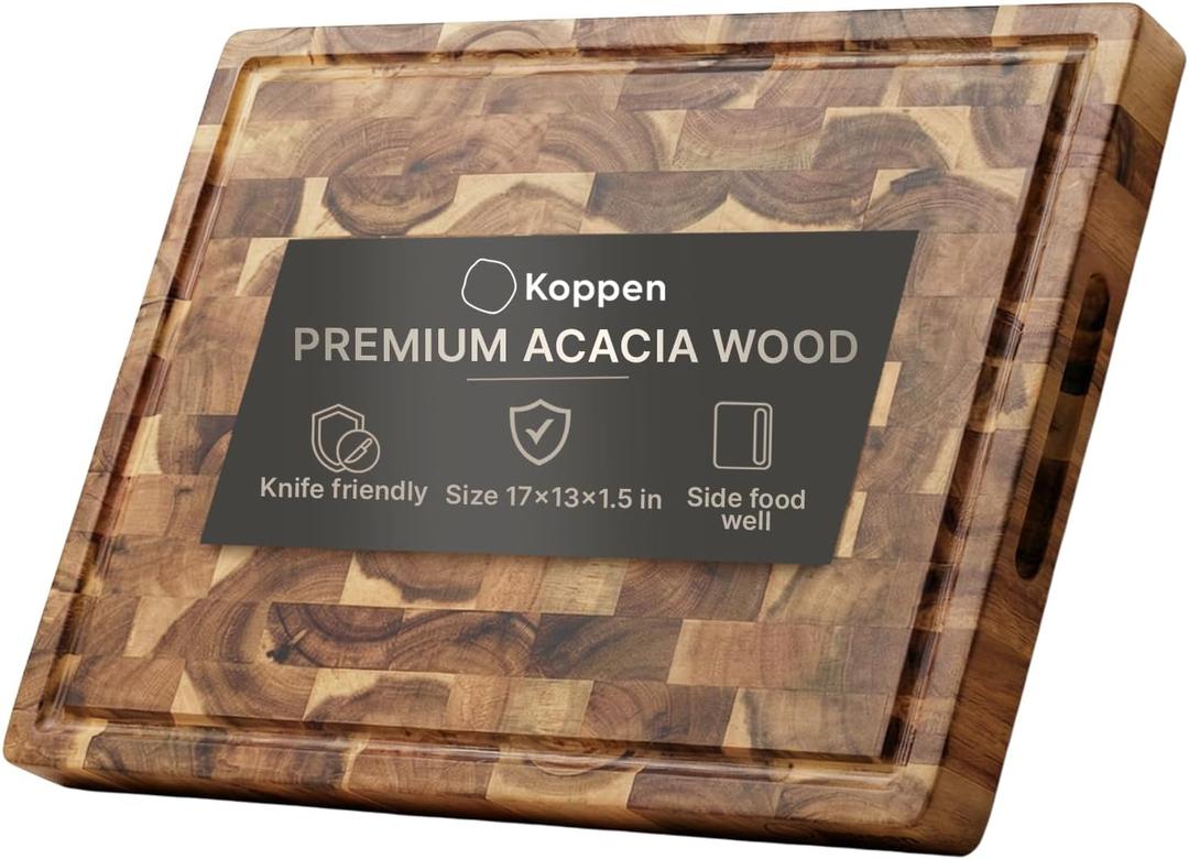 Koppen Acacia Wood End Grain Cutting Board, Knife-Friendly Butcher Block with Juice Groove, Inner Handles, Reversible Heavy-Duty Serving & Chopping Board, Gift Box Included, Natural Color (Medium), 17"L x 13"W