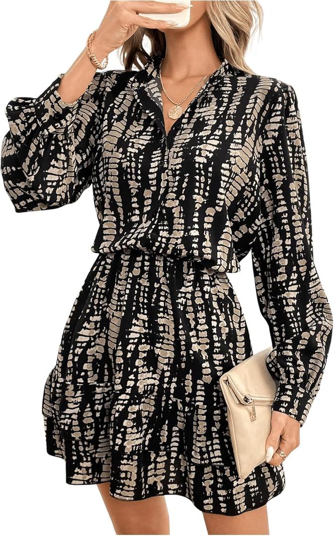 Floerns Women's Graphic Print Lantern Sleeve Button Shirt Dress Ruffle Hem Short Dress (Medium, Black Multi)