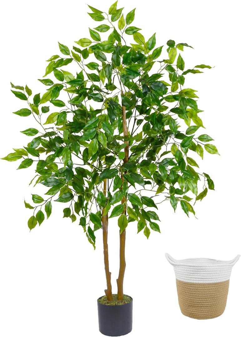 Artificial Ficus Tree, 4ft Tall Fake Ficus Tree with Basket, Faux Plant for Indoor Outdoor Home Livingroom Office Garden Porch Dcor