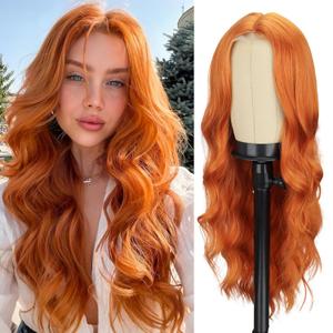 WERD Long Orange Wig 26 Inch Ginger Orange Synthetic Wig for Women, Middle Part Curly Wig for Cosplay Daily Use