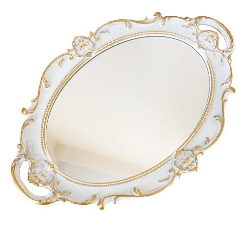 Schones Geschaft Decorative Mirror Tray, Makeup Jewelry Perfume Organizer, Vintage Oval Display and Serving Tray for Bedroom Living-Room Dresser Decor (14.6”x 9.8”) (White - Oval)