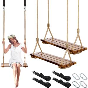 2 Pcs Wood Swing Seat Carbonized Hanging Wood Tree Swing Adjustable Anticorrosive Waterproof 440lbs Load Indoor Outdoor Backyard Play, 24 x 6.3 x 1.42 Inch
