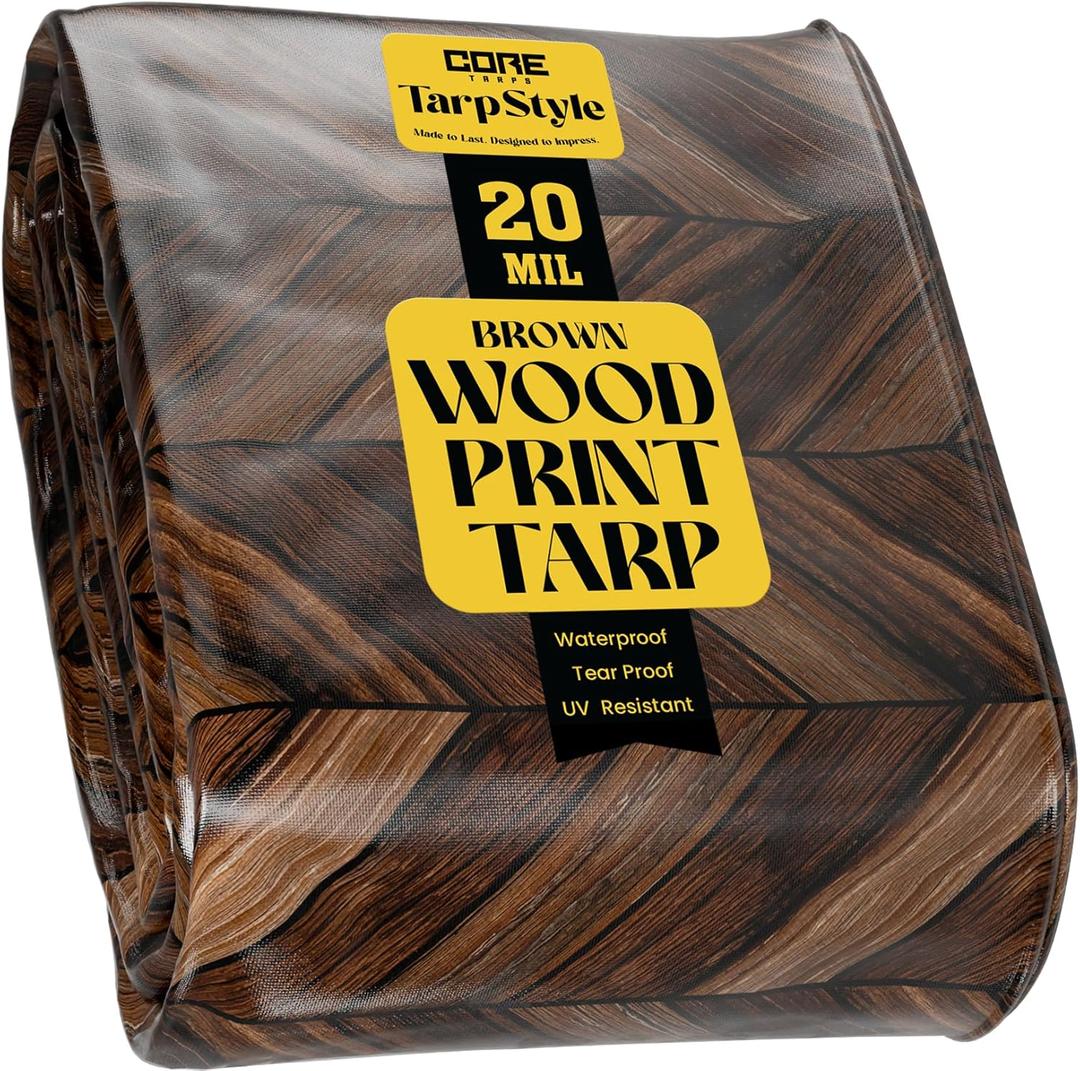 Core Tarps Extreme Heavy Duty 20 Mil Tarp Cover, Waterproof, UV Resistant, Rip and Tear Proof, Poly Tarpaulin with Reinforced Edges for Roof, Camping, Patio, Pool, Boat (Brown Wood/Black 12 X 20)