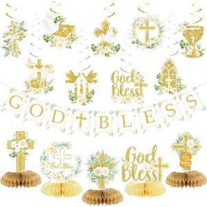 Gold Baptism Decorations, Glitter God Bless Banner Hanging Swirls Honeycomb Centerpieces for Baby Shower Birthday First Communion, Baptism Party Supplies