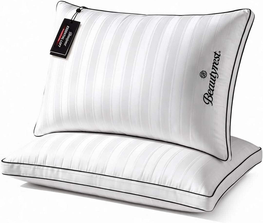 Beautyrest Hotel Collection Luxury Queen Pillows Set of 2 - Premium 500 Thread Count Damask Stripe Embroidered Cotton Cover, Gusseted Soft Medium Down Alternative, Queen Size Set of 2
