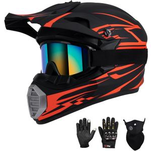 Youth Kids Motocross Helmet DOT Approved, Adult ATV Dirt Bike Off-Road Full Face Motorcycle Helmet with Goggles Gloves Mask for Boys Girls,Lightweight Breathable for Riding (Orange-Red, Small)