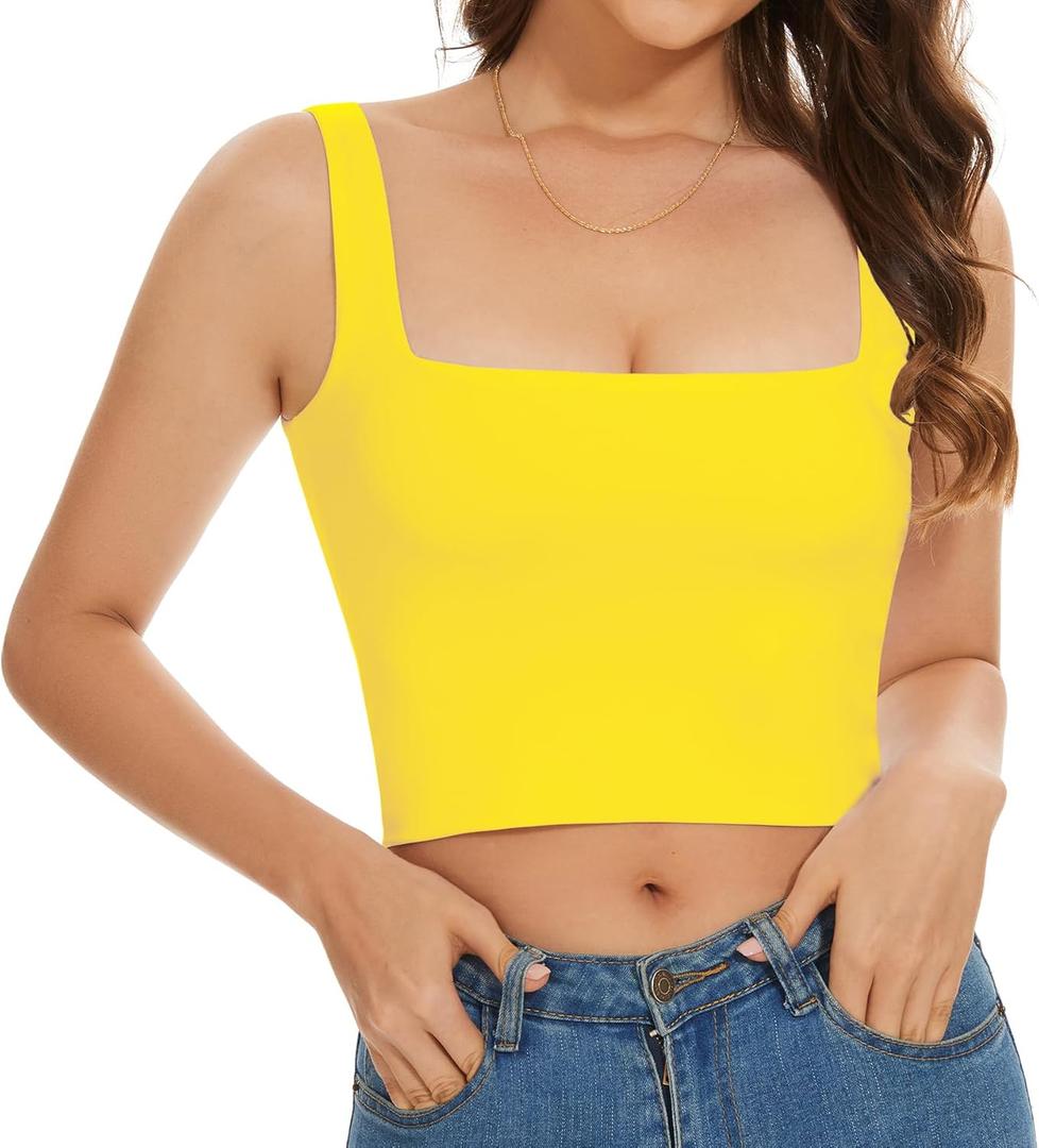 Womens Sleeveless Crop Tops Square Neck Double Layer Workout Fitness Basic Cropped Tank Top (Yellow)