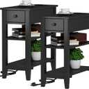 ChooChoo Black End Table Set of 2, Sofa Side Table Living Room with Charging Station, Narrow Night Stand with USB Ports & Power Outlets and Hidden Drawer