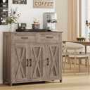 Homhedy Coffee Bar Storage Cabinet with Drawers, Kitchen Buffet Cabinet | Sideboard Cabinet with Doors, Farmhouse Buffet Cabinet, Adjustable Shelves, for Kitchen / Dining / Living Room, Greige