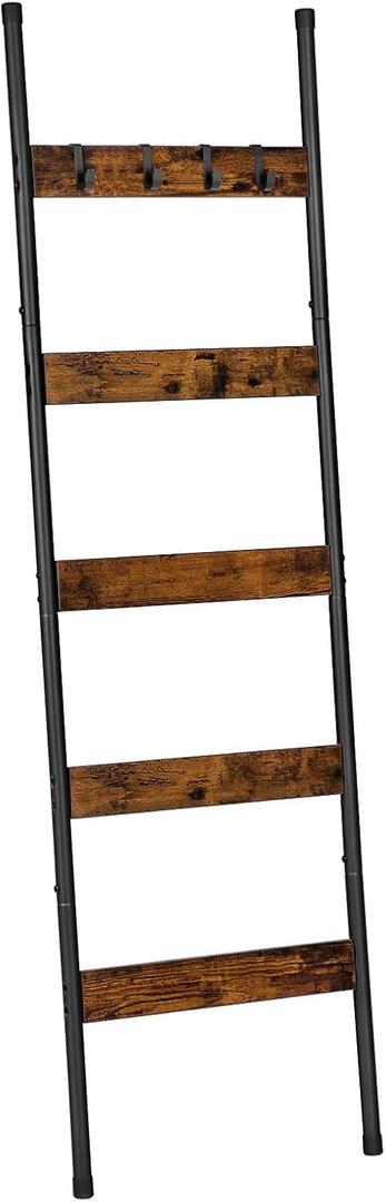 HOOBRO Blanket Ladder, 5-Tier Towel Rack with Hooks, Wall-Leaning Blanket Rack, Decorative Display Ladder Shelf, Scarves, Industrial, Living Room, Bedroom, Rustic Brown and Black BF52CJ01 (17.3"L x 63"W)
