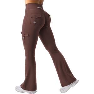 YEOREO CoreFlex Women Workout Flare Leggings with Pockets Hidden Scrunch High Waisted Cargo Gym Yoga No Front Seam Leggings (Large, Chocolate)