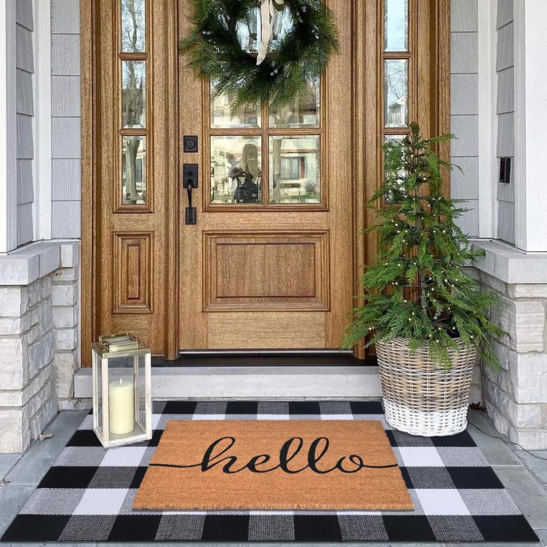 Front Door Mat Combo Set, Hello 100% Coco Coir Welcome Doormat + 28" x 43" Layered Buffalo Black and White Plaid Rug, Spring Thanksgiving Front Porch Entryway Decor Indoor Outdoor Floor Mats