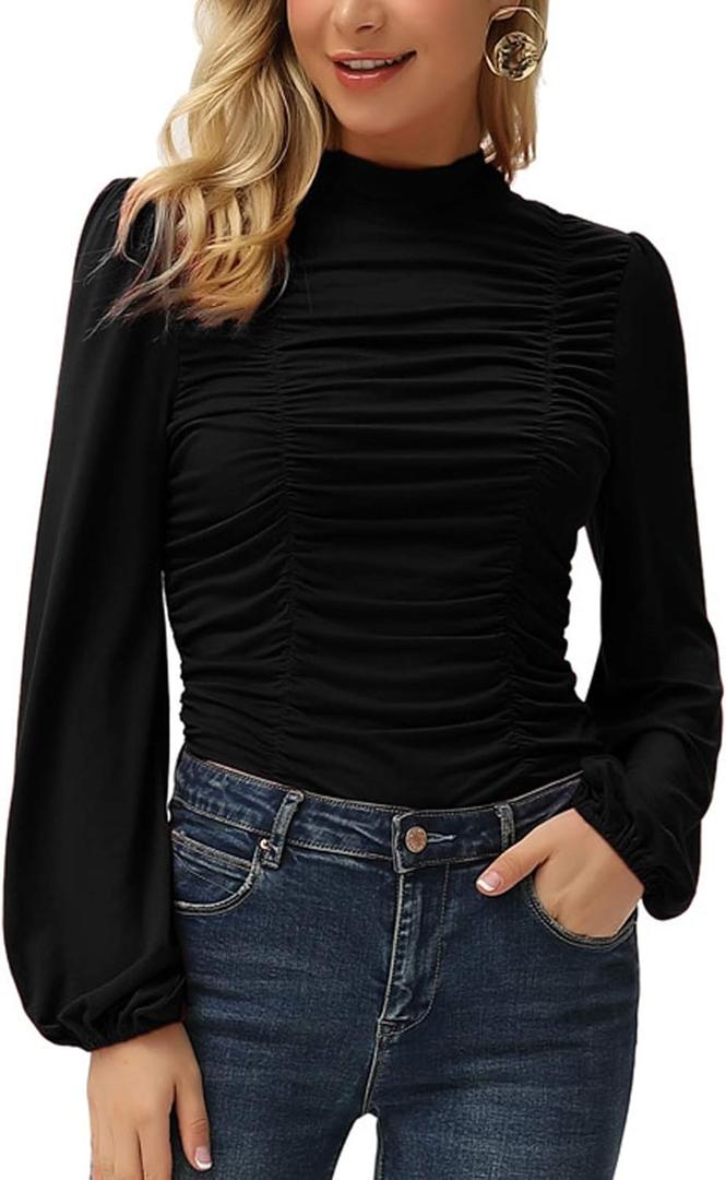 GRACE KARIN Womens Long Lantern Sleeve High-Neck Ruched Front Fitted Blouse (XX-Large, Black)