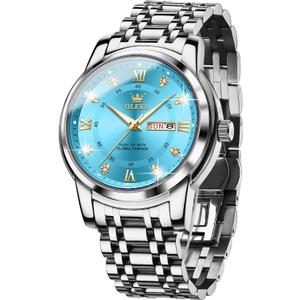 OLEVS Men Watch Blue Gold Analog Quartz Stainless Steel Waterproof Luminous Date Luxury Casual Watch, Silver Blue