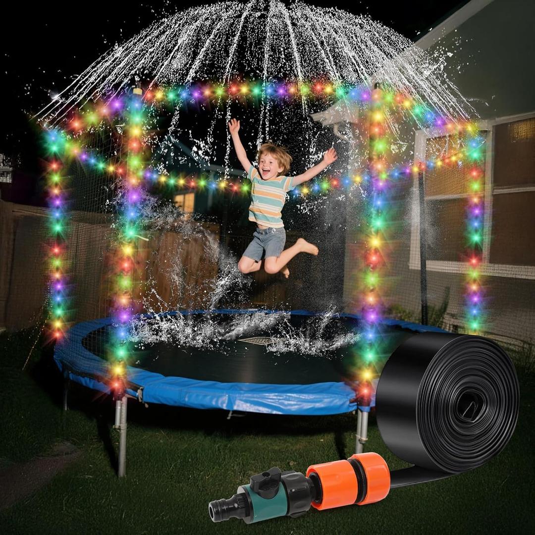 Trampoline Sprinkler with Lights - Trampoline Lights & Water Sprinkler, 16 Colors, Remote Control, Waterproof Trampoline Accessories, Non-Damaging Design, Fits 8-12FT