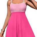 Aleumdr Women's Ribbed One Piece Skirt Swimsuit Swimming Dress Tummy Control Color Block Prited Bathing Suit with Pockets Color Block Pink Block Small