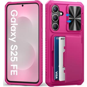 for Samsung Galaxy S25 FE Wallet Case with Card Holder (4-5 Cards), Slide Camera Cover, Military Drop Protection, Rugged Women Girly Men Protective Phone Case for Galaxy S25 FE 6.7", Hot Pink