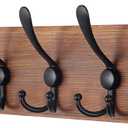 SKOLOO Rustic Wall Mounted Coat Rack: 16" Hole to Hole, Pine Real Wood Plank Wall Coat Rack with 5 Triple Hooks, Farmhouse Coat Hanger Wall Mount for Hanging Backpack Jacket Coat Hat (Brown Plate & Black Hook)