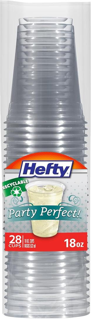 Hefty Party Perfect Clear Plastic Cups, Large Clear Party Cups for Easy Cleanup and Large Gatherings, Recyclable, 18 Ounce, 28 Count