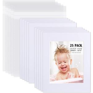 Egofine Pack of 25 White Pre-Cut Mat Board 11x14 Picture Mat for 8x10 Photo with White Core Bevel Cut Mattes Sets. Includes 25 High Premier Acid Free Mats & 25 Backing Board & 25 Clear Bags