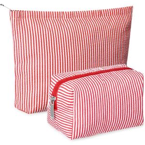 Huhumy 2 Pcs Makeup Bag Set Cute Cosmetic Pouch for Women Seersucker Travel Toiletry Bag Preppy Small Makeup Purse Pouch Aesthetic Skincare Brushes Storage Organizer for Valentine Women(Red)