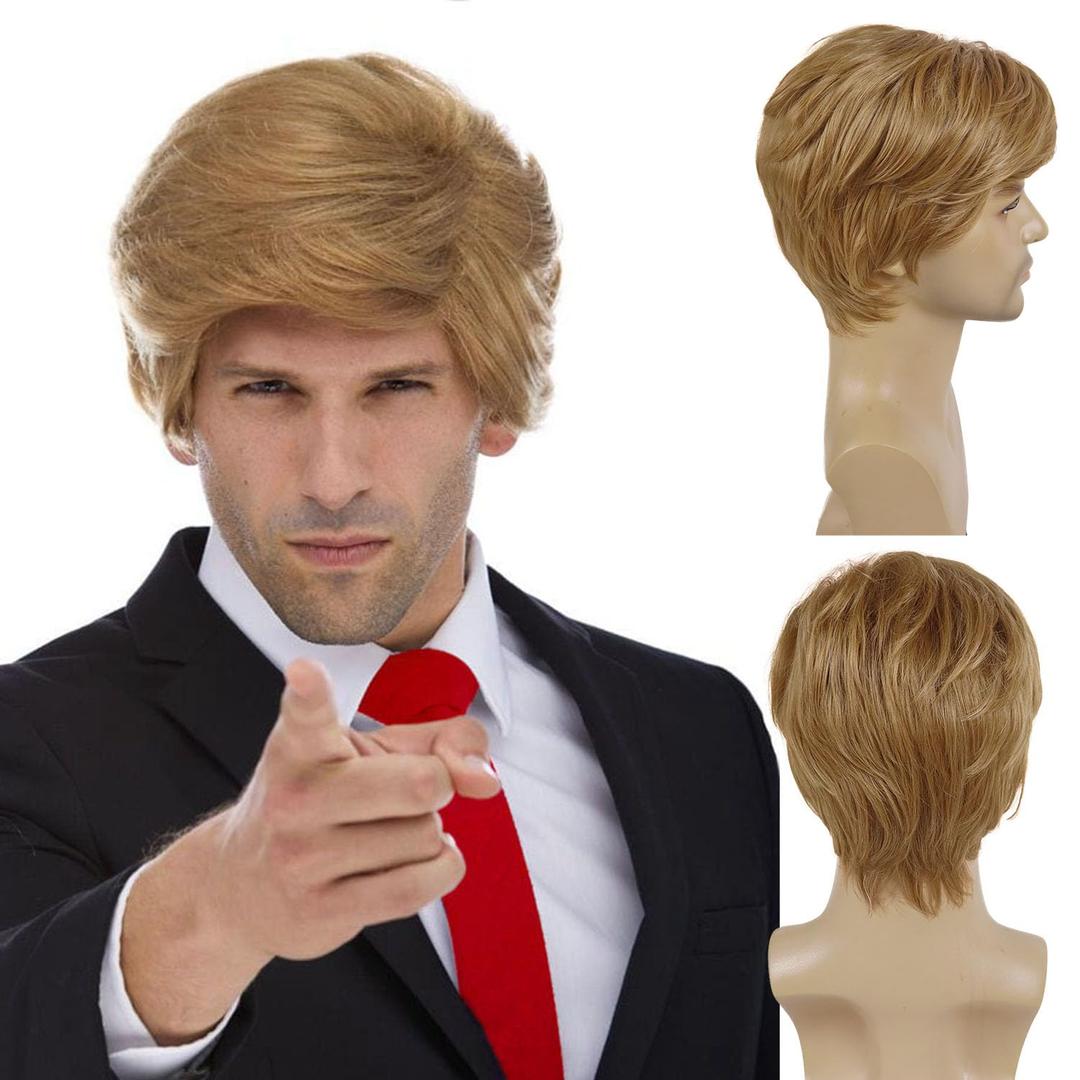 GNIMEGIL Funny Wigs for Adults Halloween Costume for Men Pixie Cut Wig with Bangs Famous People Costumes for Adult Unisex Celebrity Wigs for Cosplay (Blonde)
