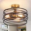 Black Rustic Drum Semi Flush Ceiling Light with 3-Light Brass Base, Modern Gold Farmhouse Chandeliers Metal Cage for Dining Room, Industrial Pendant Light for Entryway Kitchen Foyer Bedroom