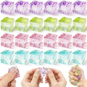 24Pcs Stress Balls Sparkle Fidget Toys, Ice Cube Squeeze Toys - Square Squeeze Ball Sensory Toys, Squeeze Toys - Small Stress Balls for Adults, Easter, Party Favors, Easter Basket Stuffers