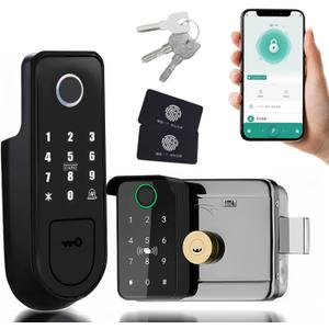 Smart Lock,Electronic gate Latch for Outdoor Fence, Waterproof keyless Smart Rim Lock, Smart Latch Double gate Lock, WiFi Double Sided Fingerprint Reader Lock,with Ttlock App