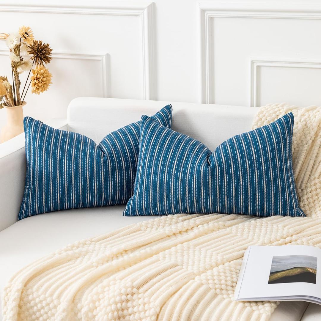 Kevin Textile Pack of 2, Linen Decorative Rectangle Throw Pillow Covers Boho Woven Texture Cushion Covers Pillowcase, Home Decor Decorations for Sofa Couch Bed Chair 12x20 Inch/30x50 cm (Navy Blue)