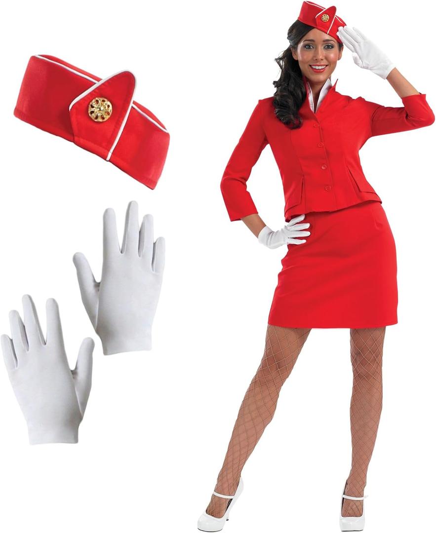 fun shack Flight Attendant Costume Women Red, Retro Airline Stewardess Outfit for Women, Vintage Stewardess Attire (Large)