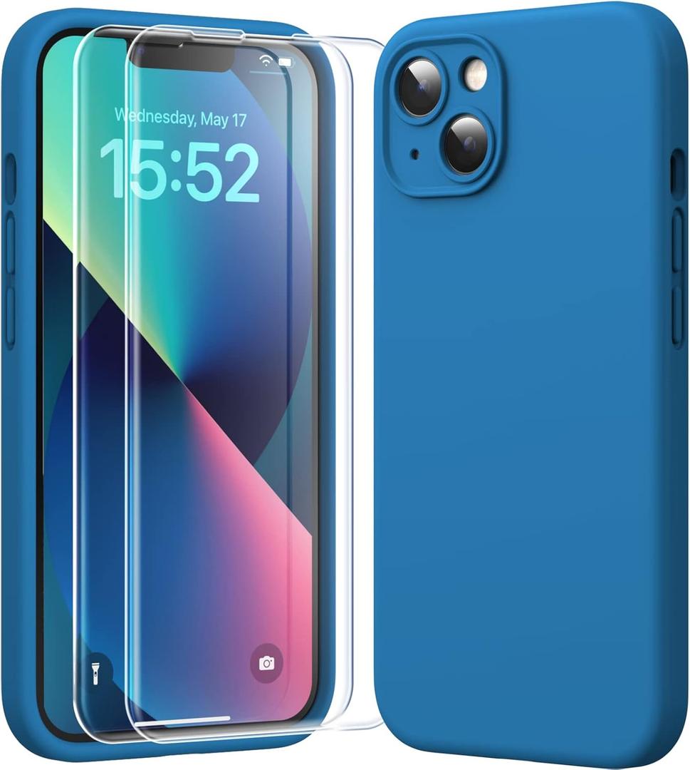 HATOSHI 3 in 1 for iPhone 13 Case, with 2 Pack HD Screen Protector, [Upgraded Full Camera Protection] Liquid Silicone Silky-Soft Touch Slim Shockproof [Anti-Scratch] [Multi-Color] 6.1", Midnight Blue