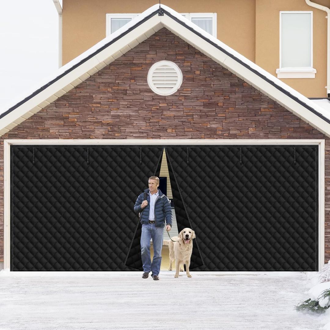 Insulation Garage Door Screen 16 x 7 Ft Winter Windproof Garage Door Cover Magnetic Garage Curtains for Internal External Entries Balconies Terraces Front Rear and Porches (Black)