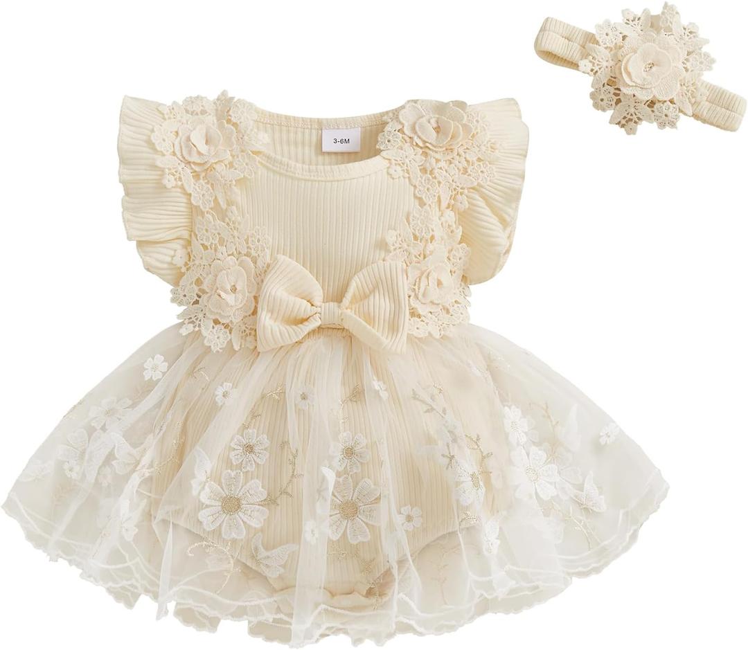 Douhoow Baby Girl Romper Dress Baby Dress Romper Flowers Lace Infant Girl Spring Summer Clothes with Headband