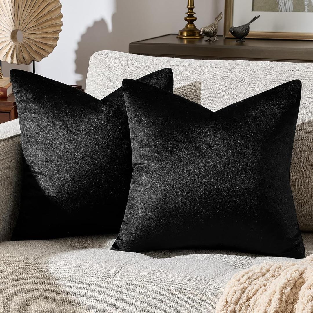 GIGIZAZA Black Velvet Pillow Covers 18x18,Decorative Square Throw Pillows Modern Covers Small Solid Living Room Pillow Cases for Couch Pack of 2