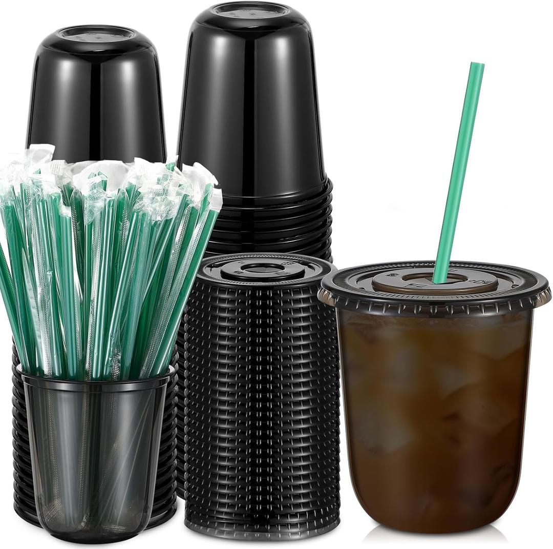 Baderke 25 Set Plastic Cups with Lids and Straws, Disposable Plastic Iced Coffee Cup for Cold Beverage Juice Smoothie Crystal for Coffee Shops Party Catering(Black,14 oz)