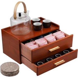 Tea Organizers and Storage Box with Drawer Tea Station organizer for Countertop with 8 Compartments Pine Wood Tea Bag Organizer with Drawer Teabag Holder with 4 Cotton Woven CoastersBrown02