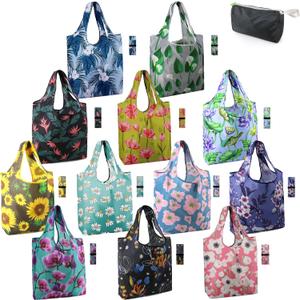 BeeGreen 12 Packs Flower Reusable Grocery Bags Reusable Tote Bags Extra Large 50LBS Cute Floral Design Foldable Reusable Bags for Women Men Lightweight Durable (Black, Purple, Blue, Pink, Yellow, Red, Green, White)